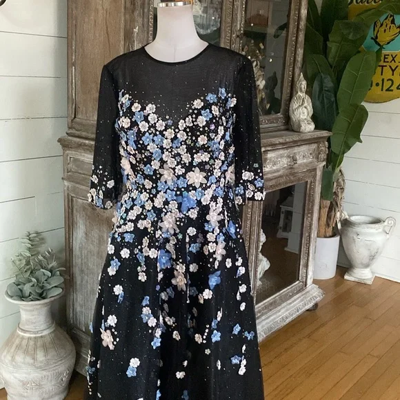 MAC DUGGAL FLORAL EMBROIDERED A-LINE TEA-LENGTH COCKTAIL DRESS BLACK 12 NEW